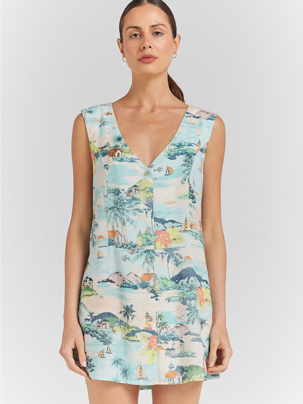 Poolside Paradiso Sea Holiday V Button Up Dress Size Large New